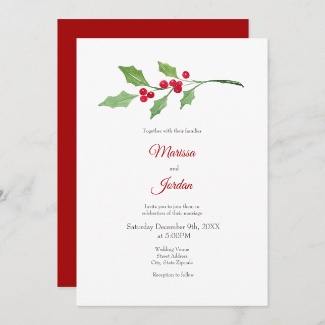 Watercolor Holly Sprig Invitation (Front/Back)