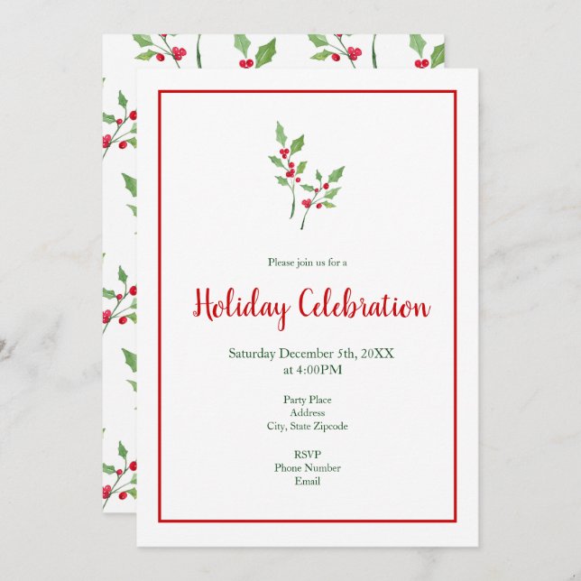 Watercolor Holly Sprigs and Pattern Invitation (Front/Back)