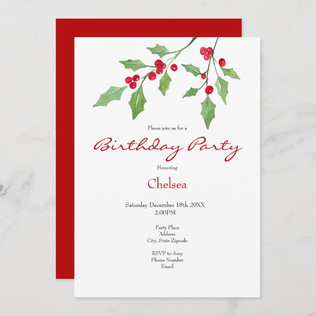 Watercolor Holly Sprigs Invitation (Front/Back)