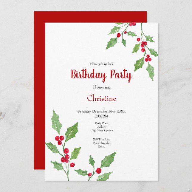 Watercolor Holly Sprigs Invitation (Front/Back)