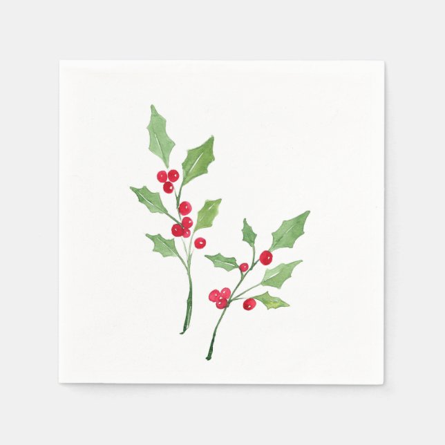 Watercolor Holly Sprigs Napkin (Front)