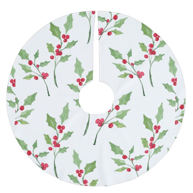 Watercolor Holly Sprigs Pattern Brushed Polyester Tree Skirt (Front)