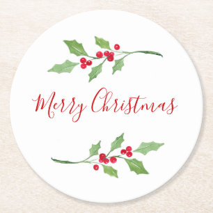 Watercolor Holly Sprigs Round Paper Coaster