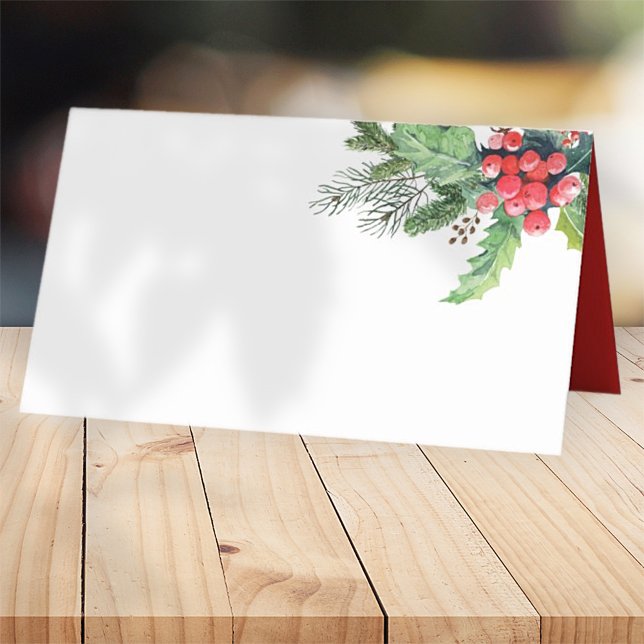 Watercolor Holly with Pine and Berry | Holiday Place Card (Creator Uploaded)