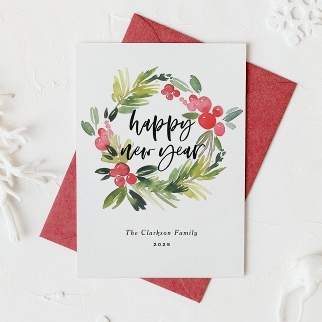 Watercolor Holly Wreath 2025 Happy New Year  Holiday Card (Creator Uploaded)