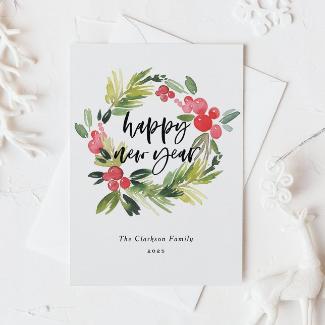 Watercolor Holly Wreath 2025 Happy New Year  Holiday Postcard (Creator Uploaded)