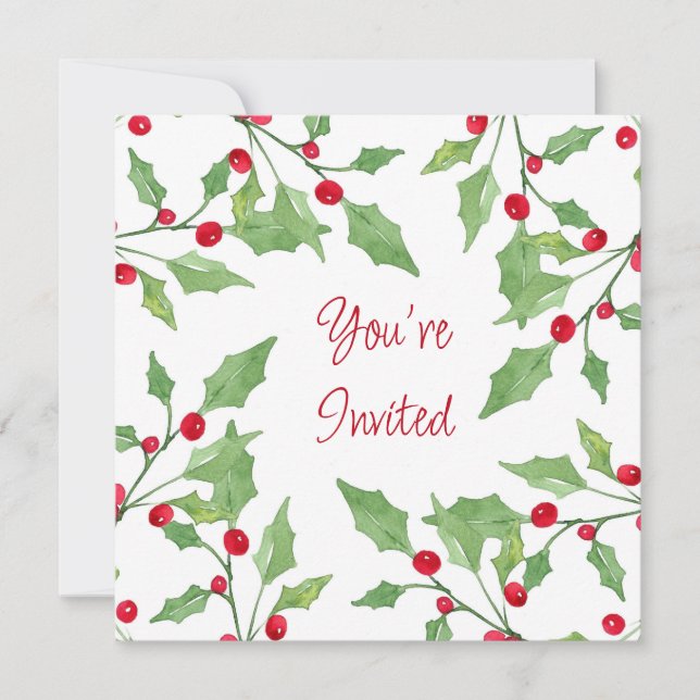 Watercolor Holly Wreath 3 Invitation (Front)