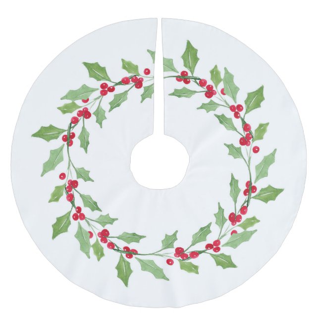 Watercolor Holly Wreath Brushed Polyester Tree Skirt (Front)