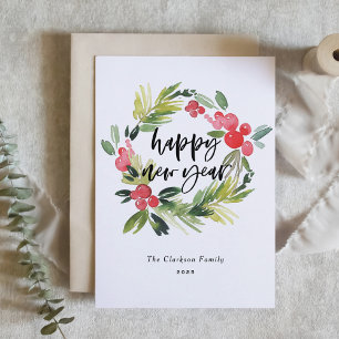 Watercolor Holly Wreath Calligraphy Happy New Year Holiday Card