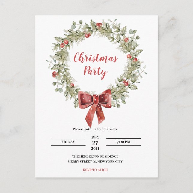 Watercolor Holly Wreath Christmas Party Invitation (Front)