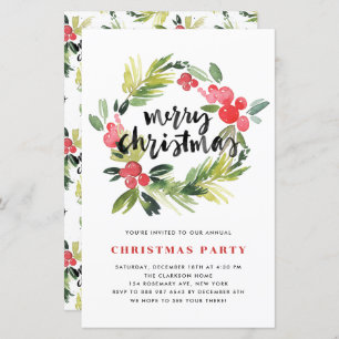 Watercolor Holly Wreath Christmas Party Invitation
