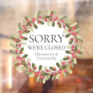 Watercolor Holly Wreath Christmas We're Closed