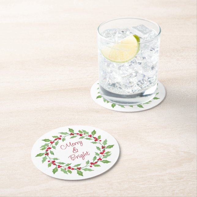 Watercolor Holly Wreath Classic Round Paper Coaste Coaster (Insitu)