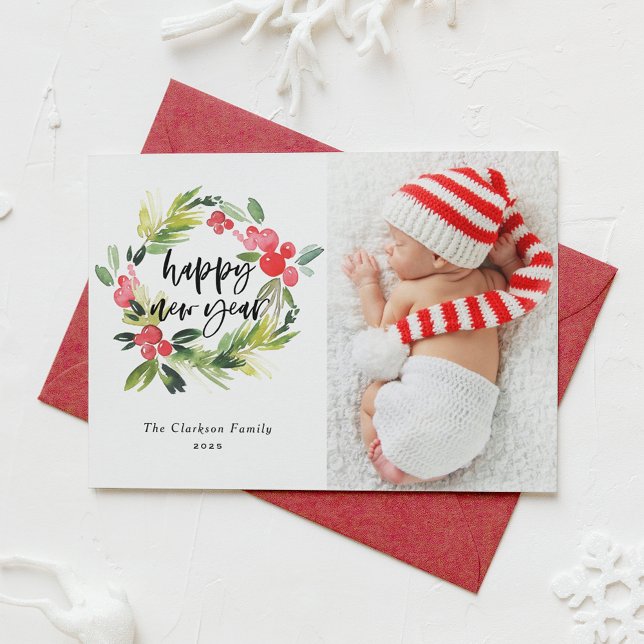 Watercolor Holly Wreath Happy New Year Photo Holiday Card (Watercolor Holly Wreath Happy New Year 2025 Photo Holiday Card)