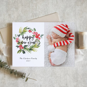 Watercolor Holly Wreath Happy New Year Photo Holiday Card