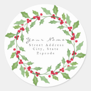 'Watercolor Holly Wreath' Label