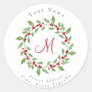 'Watercolor Holly Wreath' Labels