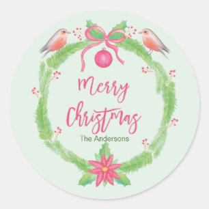 Watercolor Holly Wreath "Merry Christmas" Classic Round Sticker