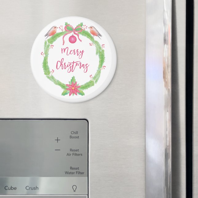 Watercolor Holly Wreath "Merry Christmas" Magnet (In Situ (Fridge))