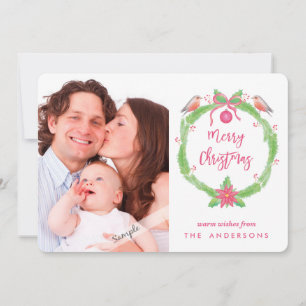 Watercolor Holly Wreath "Merry Christmas + Phot Holiday Card