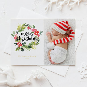 Watercolor Holly Wreath Merry Christmas Photo Foil Holiday Postcard