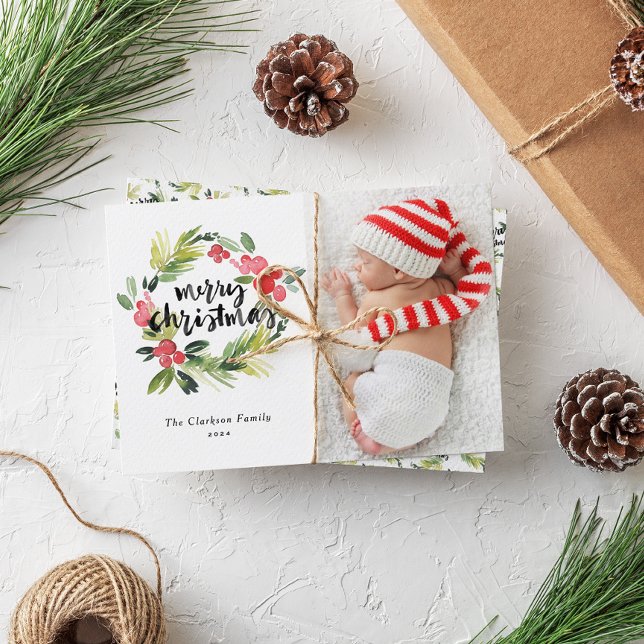 Watercolor Holly Wreath Merry Christmas Photo Holiday Card (Creator Uploaded)