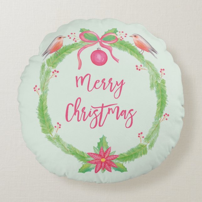Watercolor Holly Wreath Merry Christmas Round Cushion (Front)
