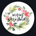 Watercolor Holly Wreath Merry Christmas Sticker<br><div class="desc">Modern and whimsical holiday sticker featuring watercolor holly wreath. This is a part of a holiday set - matching stamps,  stickers,  and labels.</div>