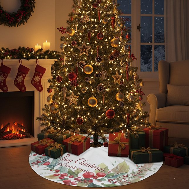 Watercolor holly wreath personalised Christmas Brushed Polyester Tree Skirt (Creator Uploaded)