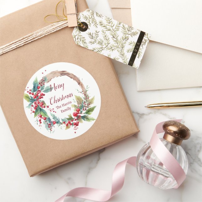 Watercolor holly wreath personalised Christmas Classic Round Sticker (Gifting)