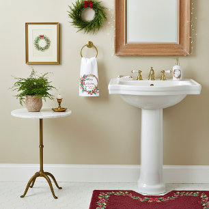 Watercolor holly wreath personalised Christmas Hand Towel