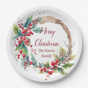 Watercolor holly wreath personalised Christmas Paper Plate