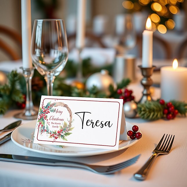 Watercolor holly wreath personalised Christmas Place Card (Creator Uploaded)
