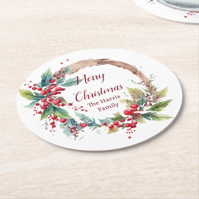 Watercolor holly wreath personalised Christmas Round Paper Coaster (Angled)