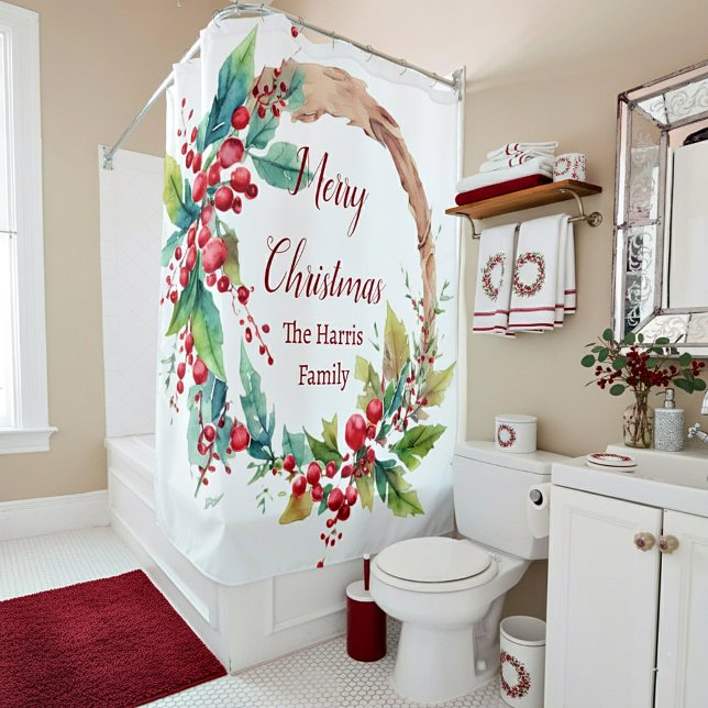 Watercolor holly wreath personalised Christmas Shower Curtain (Creator Uploaded)