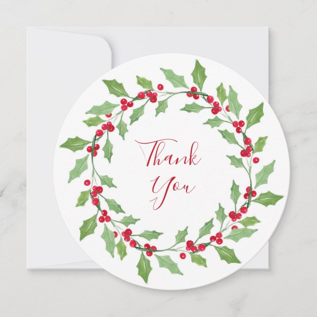 Watercolor Holly Wreath Thank You Card (Front)