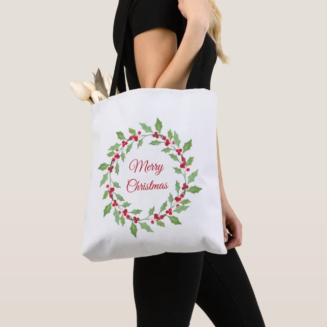Watercolor Holly Wreath  Tote Bag (Close Up)