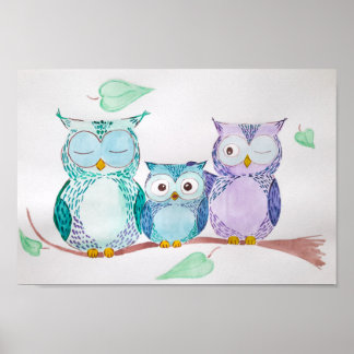 Watercolor home decor, cute owls, poster