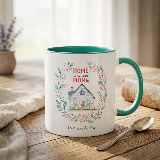 Watercolor Home is where Mum is Custom Name Mug (Watercolor Home is where Mom is Custom Name Mug)