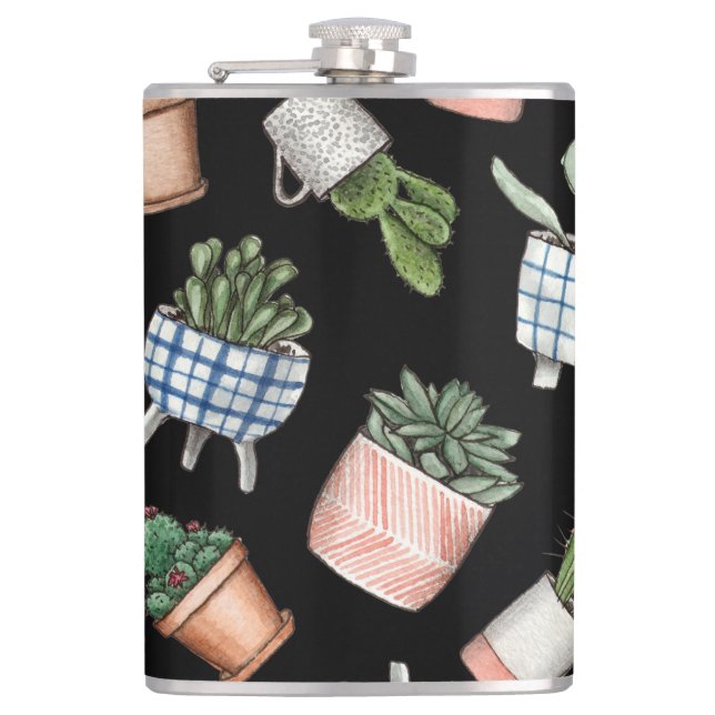 Watercolor Home Plants Black Seamless Hip Flask (Front)