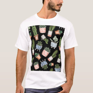 Watercolor Home Plants Black Seamless T-Shirt