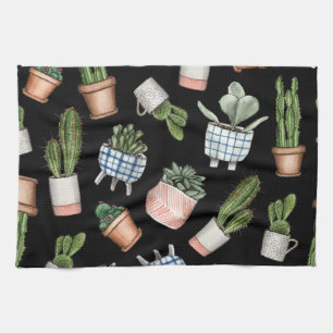 Watercolor Home Plants Black Seamless Tea Towel