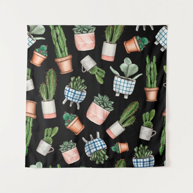 Watercolor home plants seamless pattern tapestry (Front)
