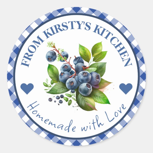 Watercolor Homemade Gingham Blueberry Jam Label (Front)
