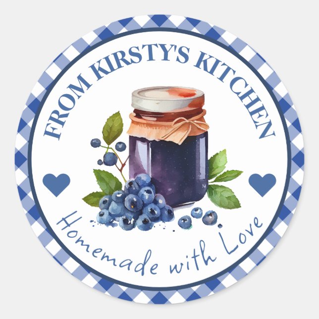 Watercolor Homemade Gingham Blueberry Jam Label (Front)