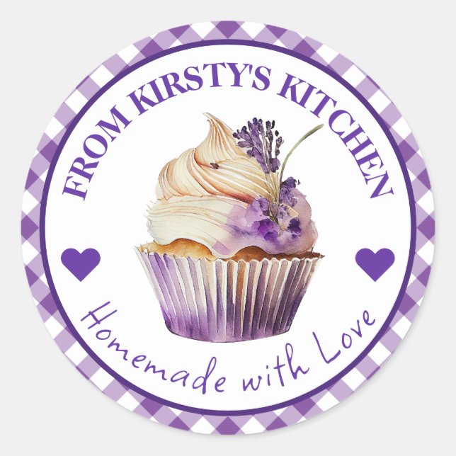 Watercolor Homemade Gingham Lavender Cake Label (Front)