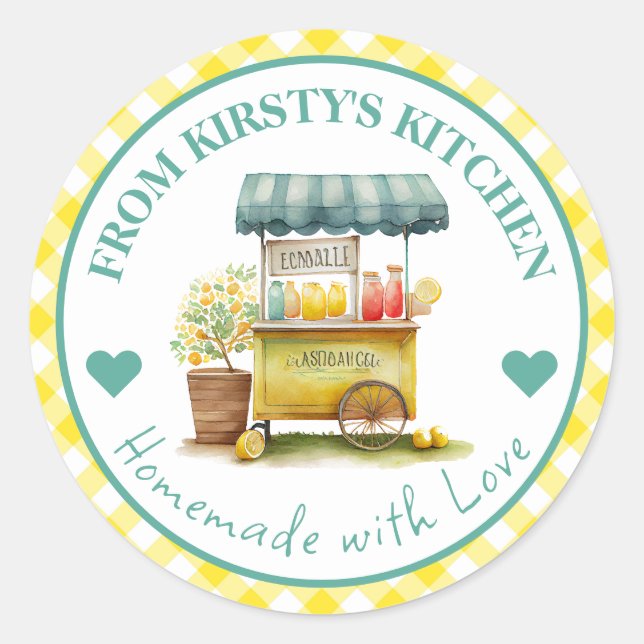 Watercolor Homemade Gingham Lemonade Label (Front)