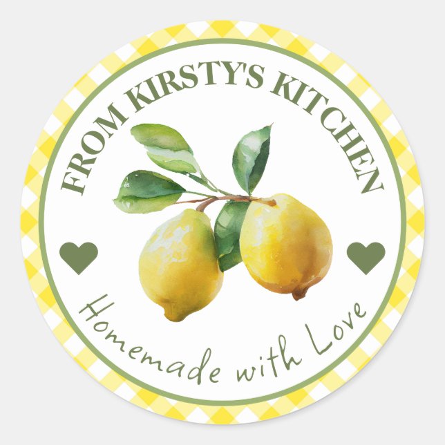 Watercolor Homemade Gingham Lemons Label (Front)