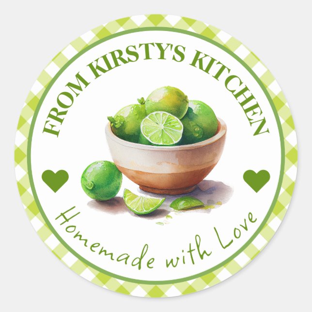 Watercolor Homemade Gingham Limes Label (Front)