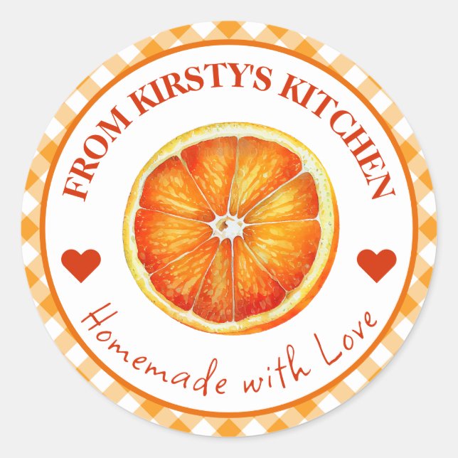 Watercolor Homemade Gingham Orange Jam Label (Front)